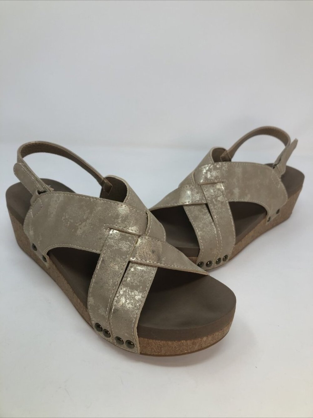Corkys Sandals Womens 10 Wow Gold Taupe Metallic Slingback Platform Wedge Heel